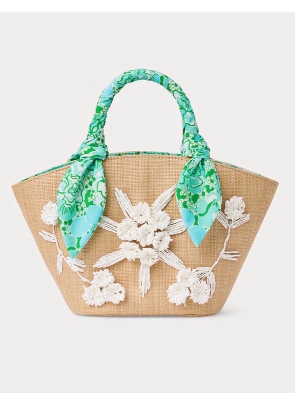 Lilly Pulitzer Straw Tote with White Floral Appliqué and Green Scarf Handles